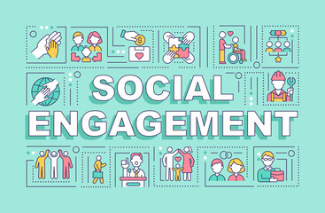 Fototapeta premium Social engagement word concepts banner. Participation in community. Infographics with linear icons on blue background. Isolated creative typography. Vector outline color illustration with text