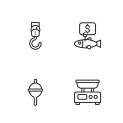 Set line Electronic scales, Fishing float, Spring and Price tag for fish icon. Vector