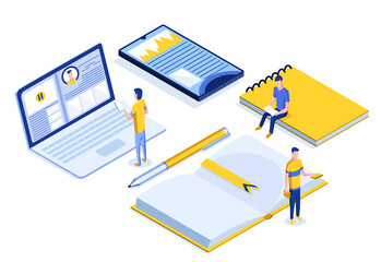 Online education isometric banner with characters. E-learning at home for student. Distance education in virtual environment illustration - obrazy, fototapety, plakaty