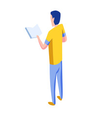 Isometric people icon. 3d men back view with book in hand. Modern young people. Isolated illustration