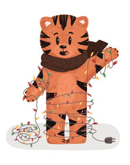 Cute tiger in a garland. Merry Christmas vector illustration. Symbol of the year 2022. Postcard to the Chinese New Year.