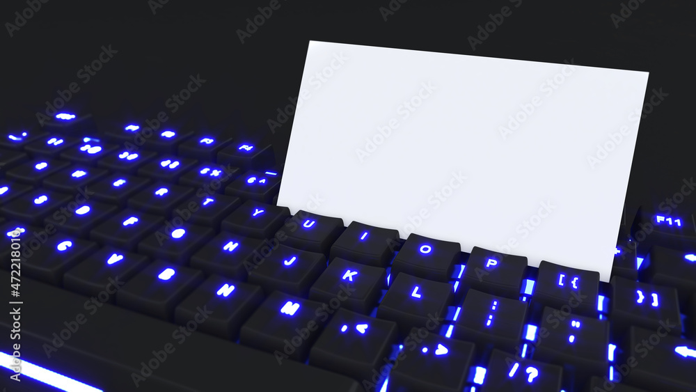Poster on a mechanical keyboard, a business card is displayed. branding identity template. isolated name ca