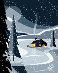 Winter landscape. A house by a snow-covered lake.Vector illustration.
