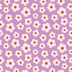 Flower power ditsy daze seamless repeat pattern. Retro, vector botany daisy millefleurs all over surface print on lilac background.