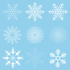 Fototapeta na wymiar Winter set of white snowflakes isolated on light blue background. Snowflake icons. Snowflakes collection for design Christmas and New Year banner and cards.