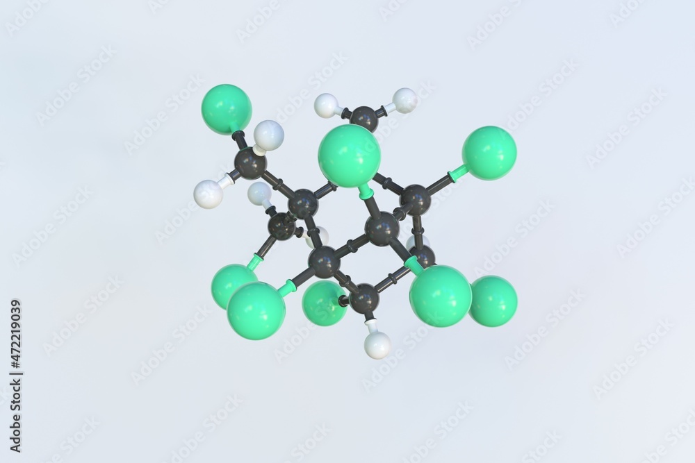 Aufkleber molecule of toxaphene, isolated molecular model. 3d rendering