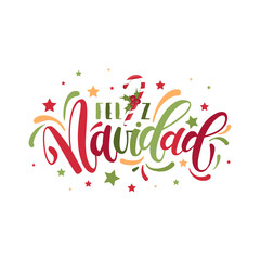 Feliz Navidad lettering. Spansih Merry Christmas greeting card, poster, flyer, banner, print design and other. Vector Christmas calligraphy lettering, gifts, snowflakes and stars