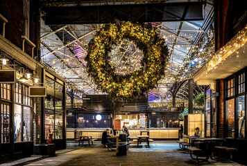 View of Spitafields market at Christmas time, London