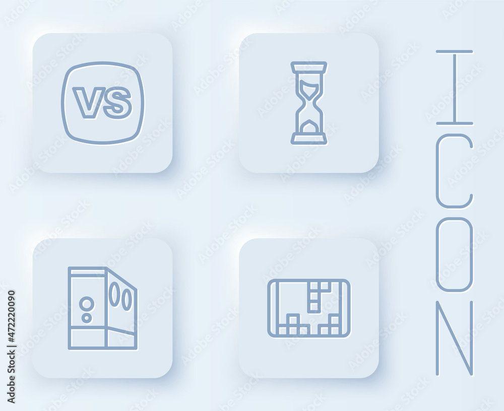 Poster set line vs versus battle, old hourglass, case of computer and portable video game console. white sq