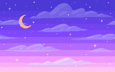 Pixel art starry seamless background. Night sky in 8 bit style.