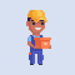 Fototapeta premium Mover delivery service worker with cardboard. Character courier in pixel art