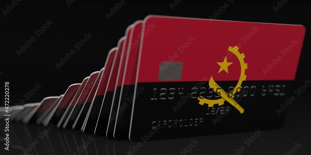 Poster domino effect, fallen credit cards with flags of angola. fictional data on card mockups. banking col