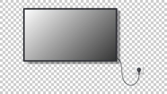 LCD panel on the wall connected with wire with plug to the socket. TV set on transparent background. Vector illustration.