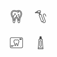 Set line Tube of toothpaste, X-ray, Broken and Tooth drill icon. Vector