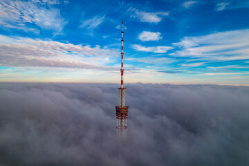 Aerial view of the television tower in the fog