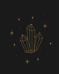 Magic crystal in sparkles, outline tarot illustration