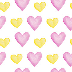 Seamless pattern with hearts drawn in watercolor technique. Background for the design of stationery, gift wrapping, cards for the wedding, Valentine's Day.