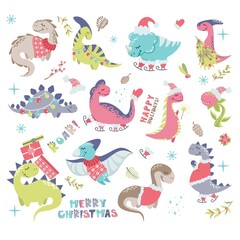Vector set. Children's flat illustration. New Year's dinosaurs, snowflakes, stars, cones, predatory flower, lettering, poinsettia, garland. New Year collection with dinosaurs.