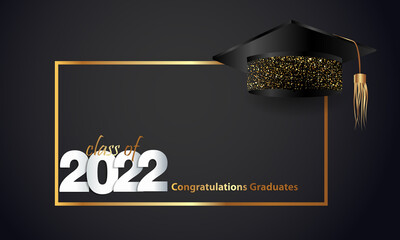 Congratulations on your graduation from school. Class of 2022. Graduation cap, confetti and balloons. Congratulatory banner. Academy of Education School of Learning