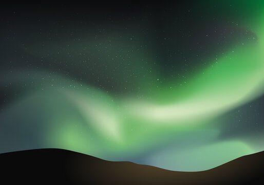 Symbole des pays du pôle nord et de la Scandinavie avec le phénomène naturel des aurores boréales, illuminant un ciel étoilé.