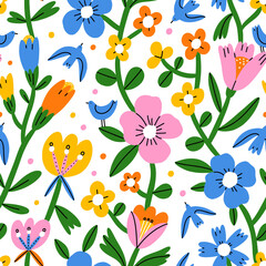 Colorful abstract flowers and birds, vector seamless pattern - 472222618