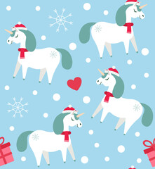 Vector seamless pattern of flat Christmas unicorn isolated on blue background