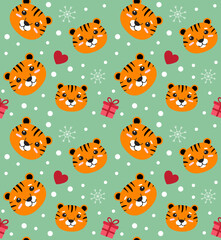 Fototapeta premium Vector seamless pattern of flat Christmas tiger isolated on green background