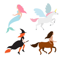Vector set of flat hand drawn fairy mystical characters isolated on white background