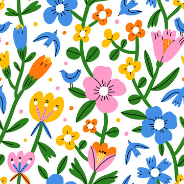 Colorful abstract flowers and birds, vector seamless pattern
