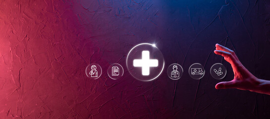 Businessman hold virtual plus medical network connection icons. Covid-19 pandemic develop people awareness and spread attention on their healthcare.Doctor,document,medicine,ambulance,patient icon.