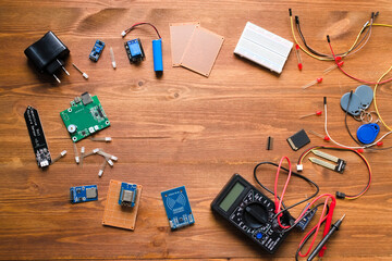  Top view of electronic components such as PCB