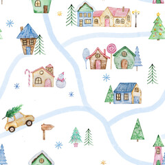 Watercolor winter pattern with a map of the winter city