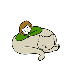 猫と寝る女性　イラスト