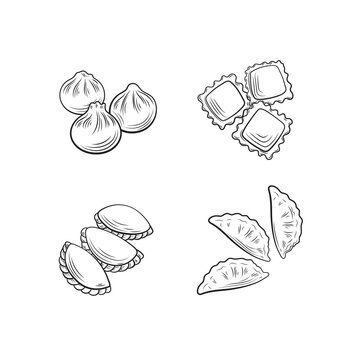 set of different dumplings, outline drawings, black line illustration isolated.