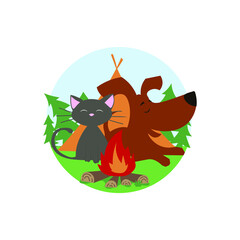 Happy Cat and Dog in the Camp. Natural Landscape. 