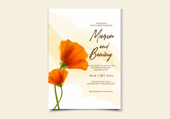 Wedding invitation card with beautiful blooming Poppy  floral 