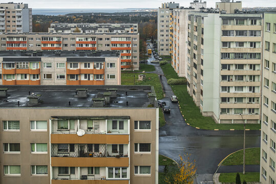 Aerial street view of Katleri and Paasiku streets in Lasnamae, Tallinn.