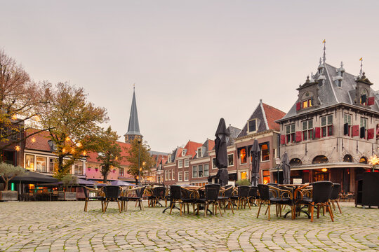 View at the Roode Steen city center square with christmas decoration in the Dutch city of Hoorn, The Netherlands