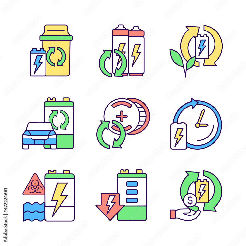 Poster battery processing rgb color icons set. accumulators and energy cells reuse. recycling technology. e