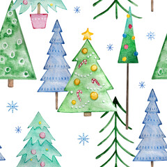 Watercolor pattern with blue and green Christmas trees