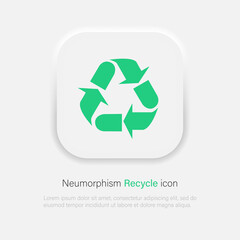 Green arrows recycle eco symbol. Cycle recycled icon. Recycled materials symbol in trendy soft material neumorphism style. Vector EPS 10