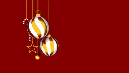merry christmas and new year 2022 presents concept. golden ball,  golden star, 2022 3d text and christmas decor on red background. 3D illustration