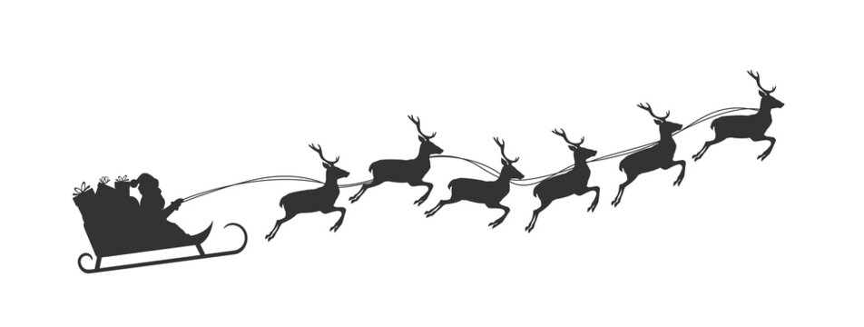 Santa Claus in sleigh pulled by reindeer, silhouette vector illustration