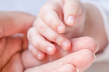 Obraz na płótnie Canvas Newborn baby hand in mothre's hand. Macro view