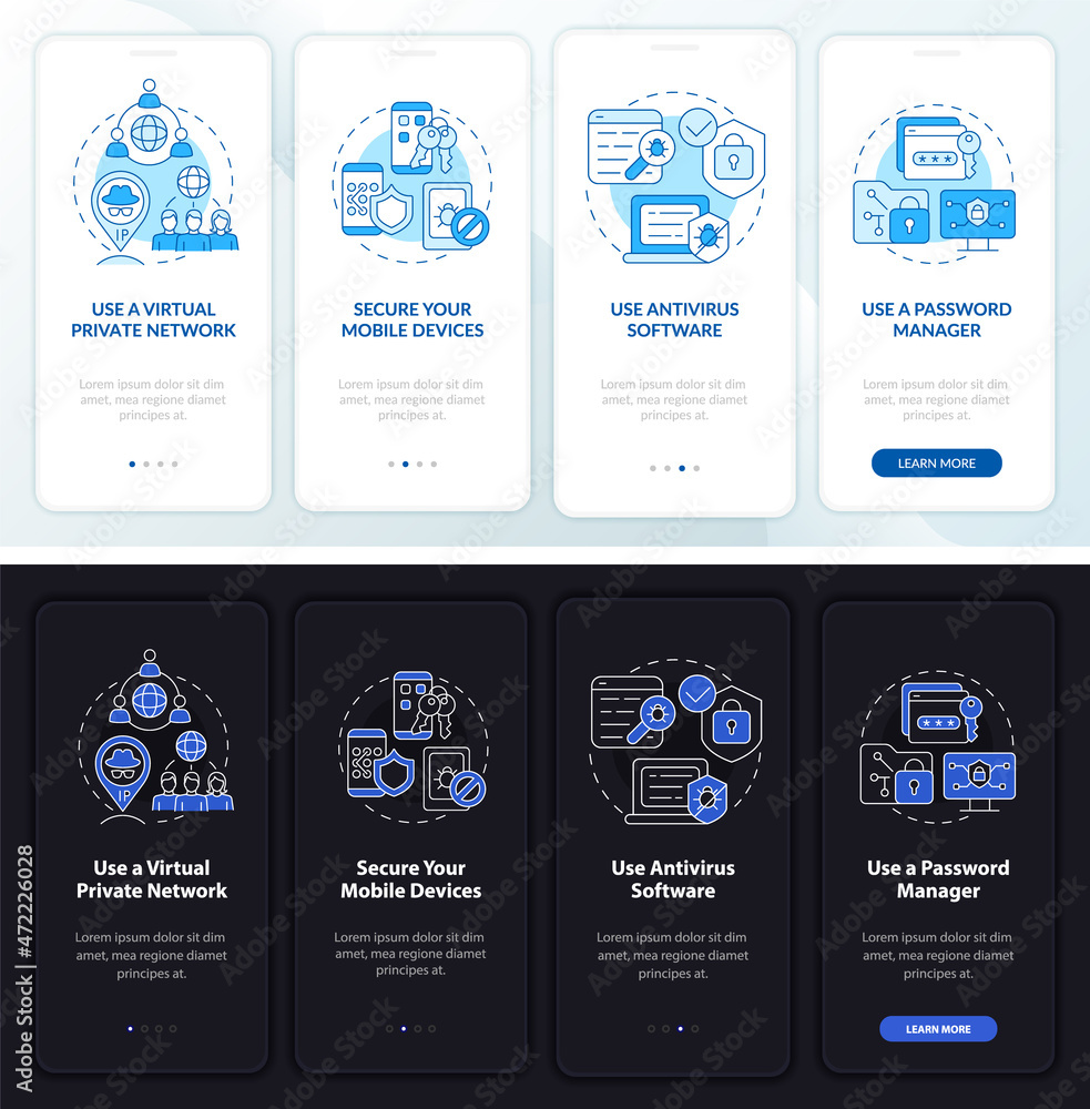 Poster privacy protection tips onboarding mobile app page screen. safety walkthrough four steps graphic ins