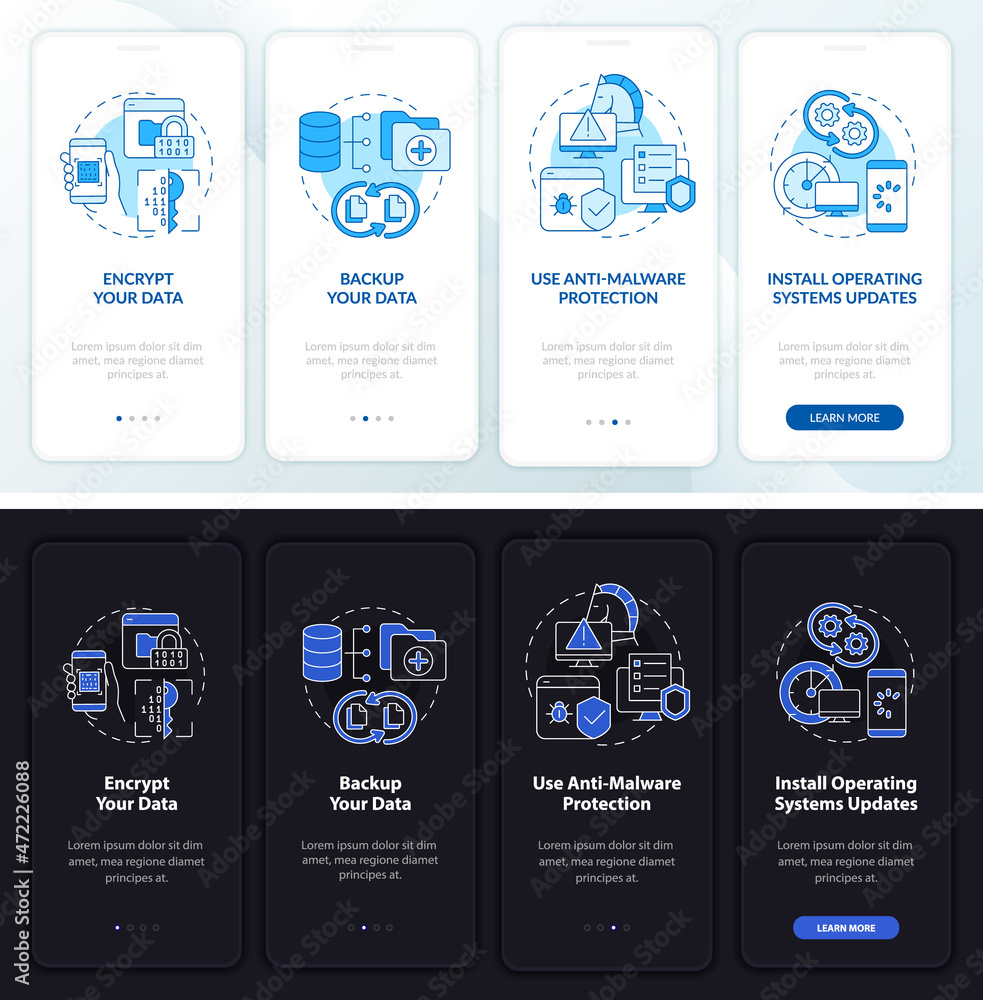 Poster web safety tips onboarding mobile app page screen. data protection walkthrough four steps graphic in