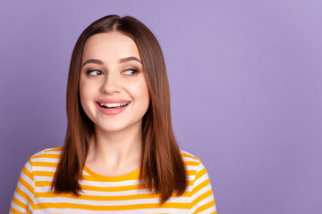 Photo of young pretty lady wondered look empty space idea plan creative isolated over violet color background