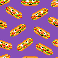 Seamless Pattern, Hot Dogs with Funny Faces on Bright Purple Background, Background Template.