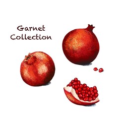 Pomegranate, pomegranate slice and seeds. Pomegranate Set