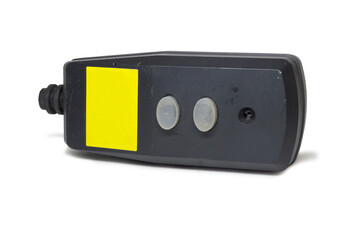 Electric plug assembly with safety RCD protection, equipped with an indicator, grounding and buttons for checking operability and correctness of connection. on white background, with clipping path